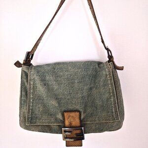 Denim Fendi Mama Baguette with python trimming